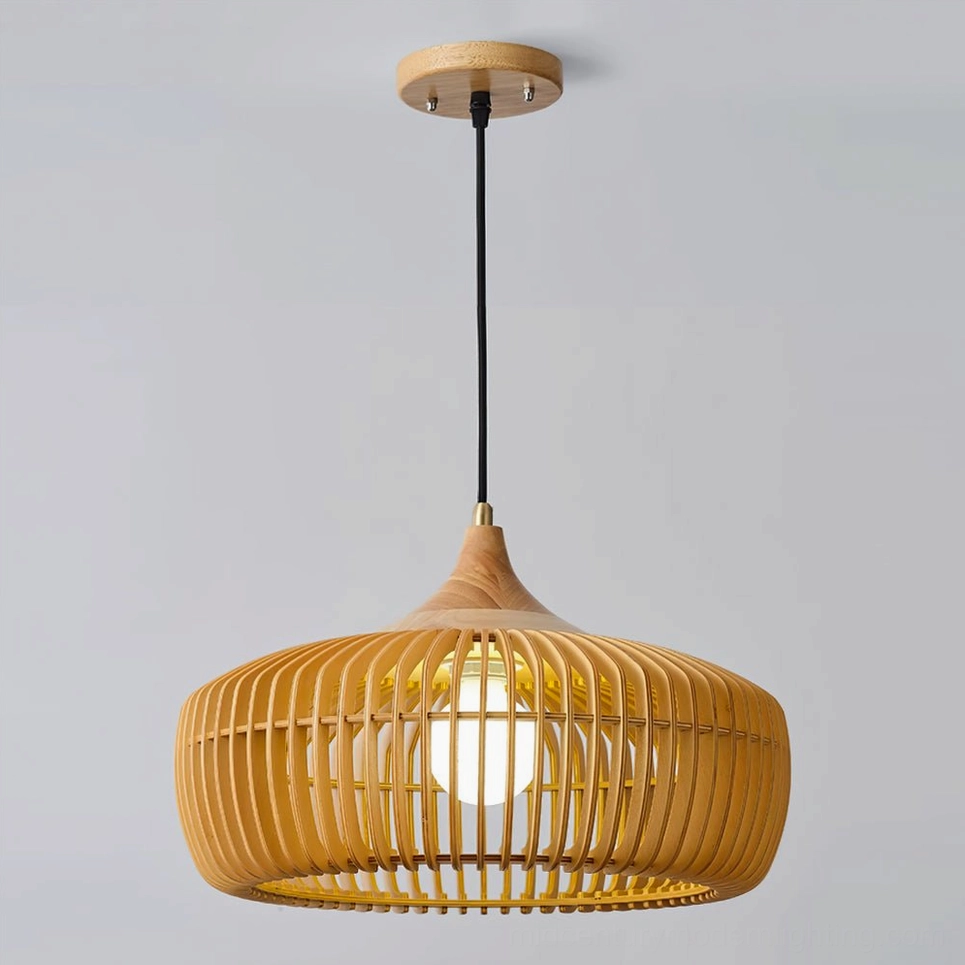 Illuminated Pimms pendant lamp hung from ceiling with brass fixture showing warm glow through wooden slats and dark suspension cord
