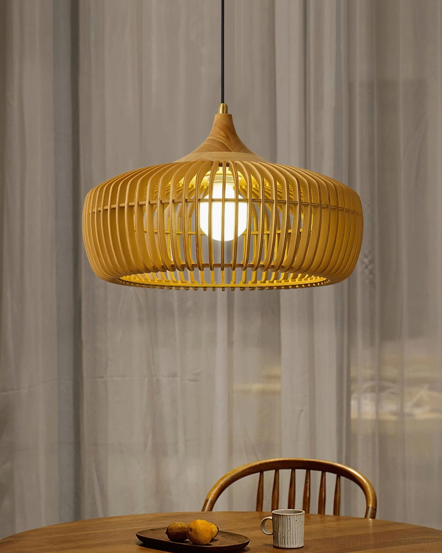 Pimms pendant lamp artistic composition showing shadow play through wooden slats and warm illumination effect