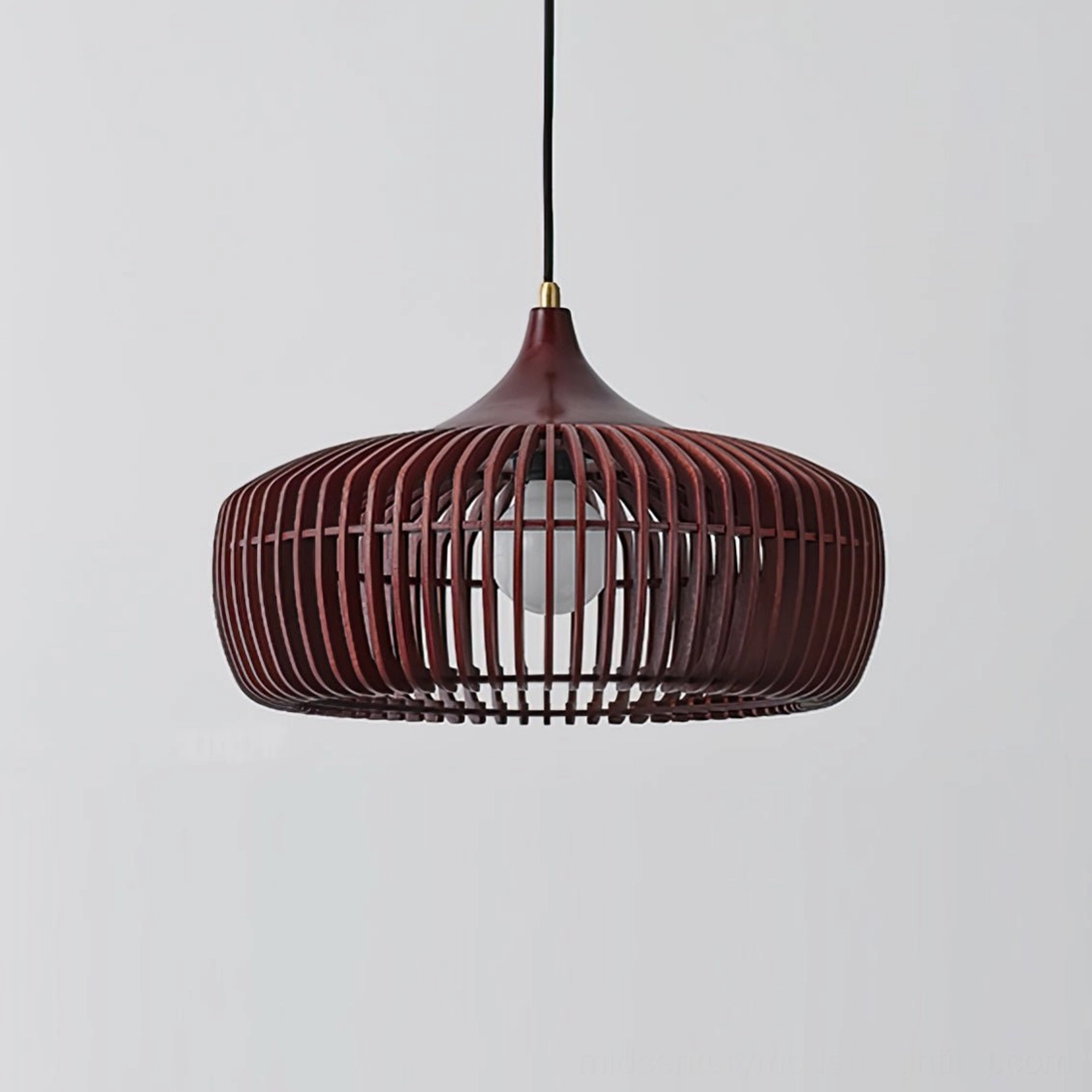 Pimms pendant lamp installation detail showing suspension mechanism and mounting hardware with wood and brass materials