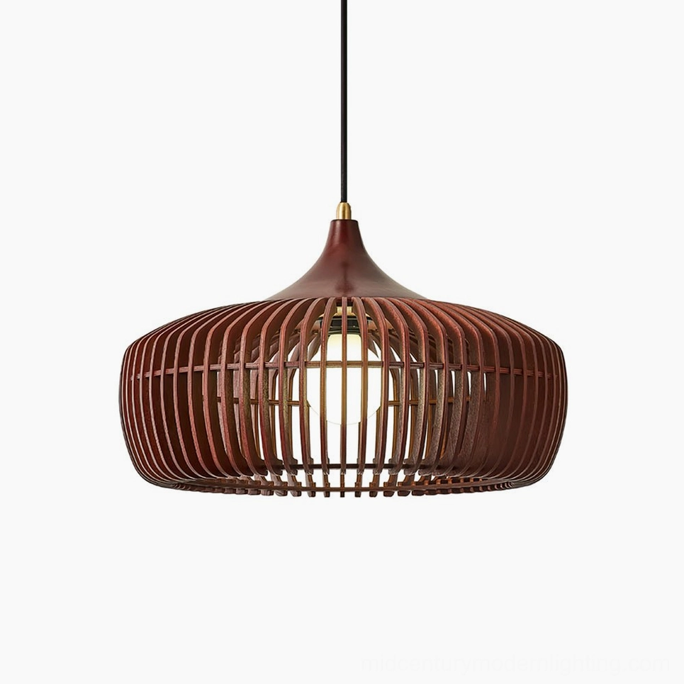 Pimms wooden pendant lamp in walnut color finish showcasing rich dark wood tone and mid-century modern design aesthetic