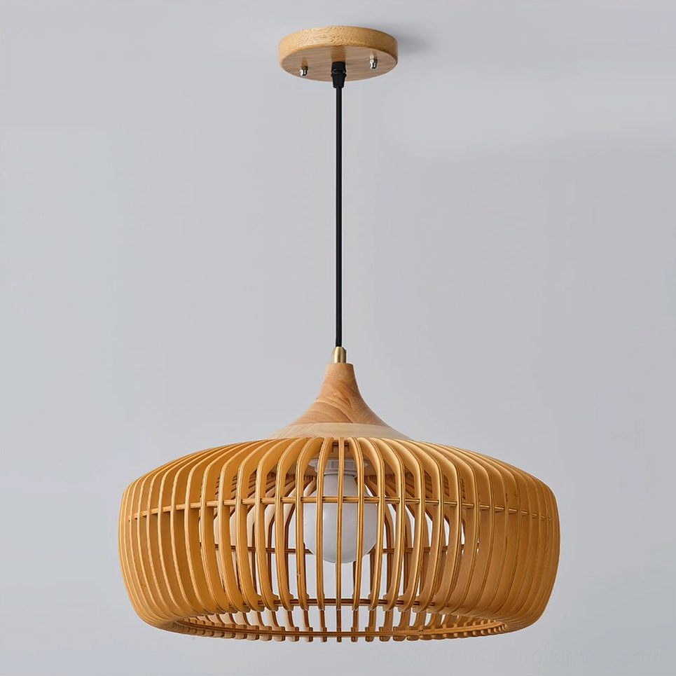 Profile view of Pimms wooden pendant light emphasizing the sculptural curved slat design and dimensional structure