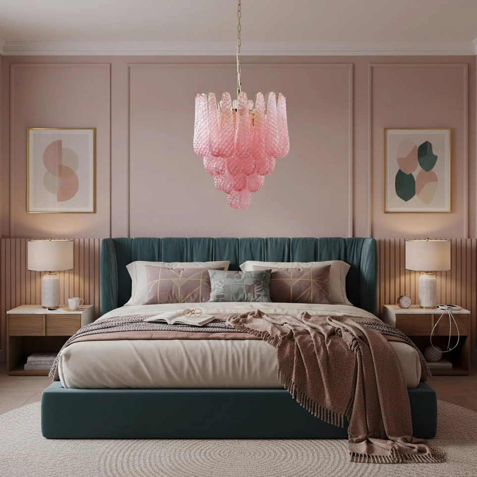 Pink glass teardrop chandelier in bright bedroom with teal tufted headboard and minimalist wall art