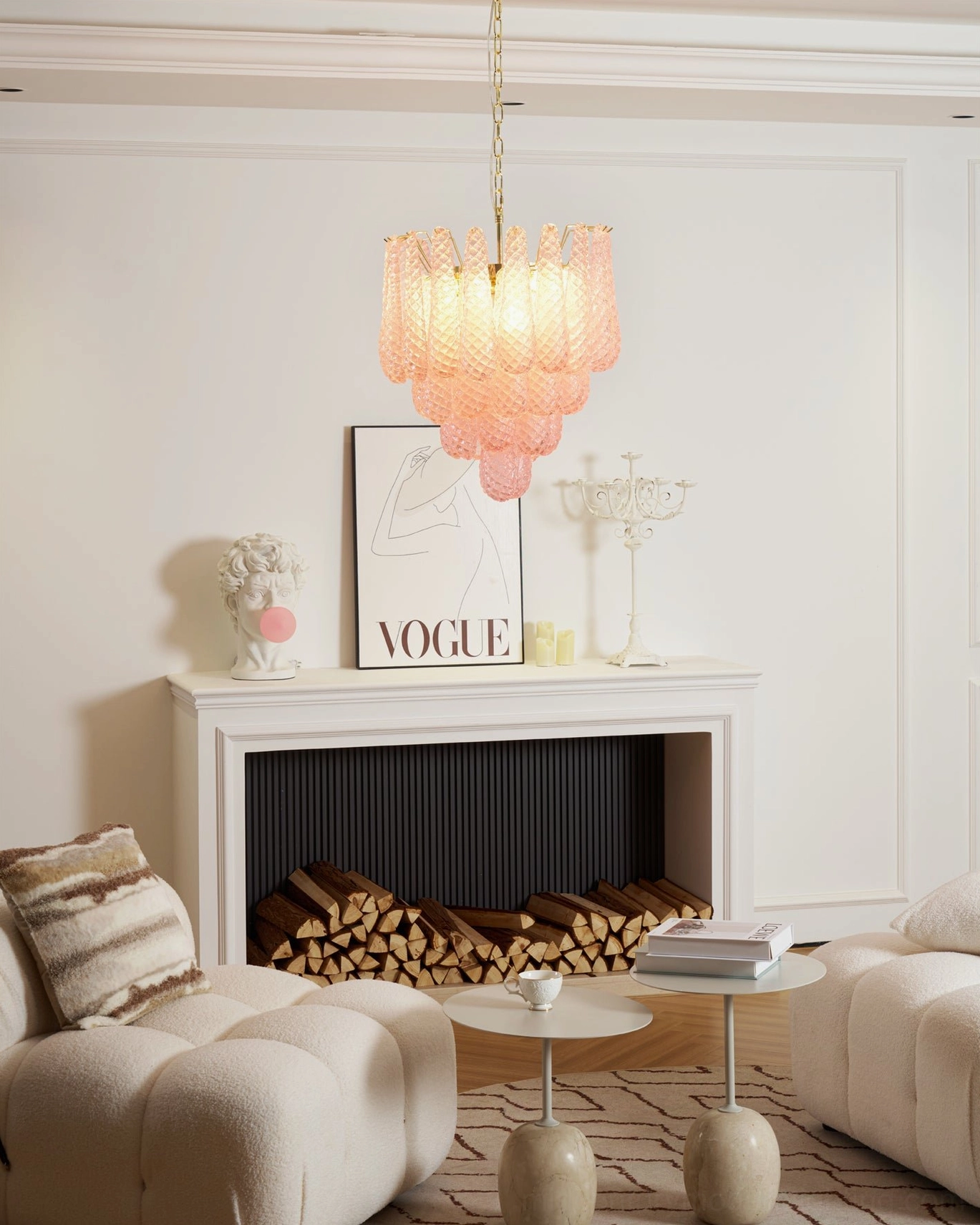 Viola pink glass chandelier bottom view showcasing glass petal arrangement and light distribution
