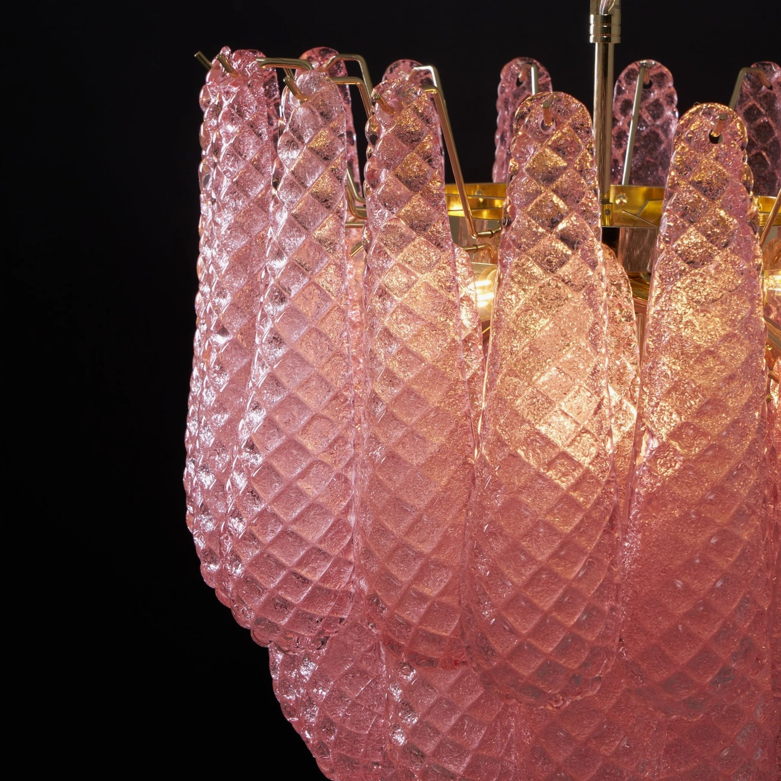 Viola pink hand-blown glass chandelier close-up showing individual glass element details