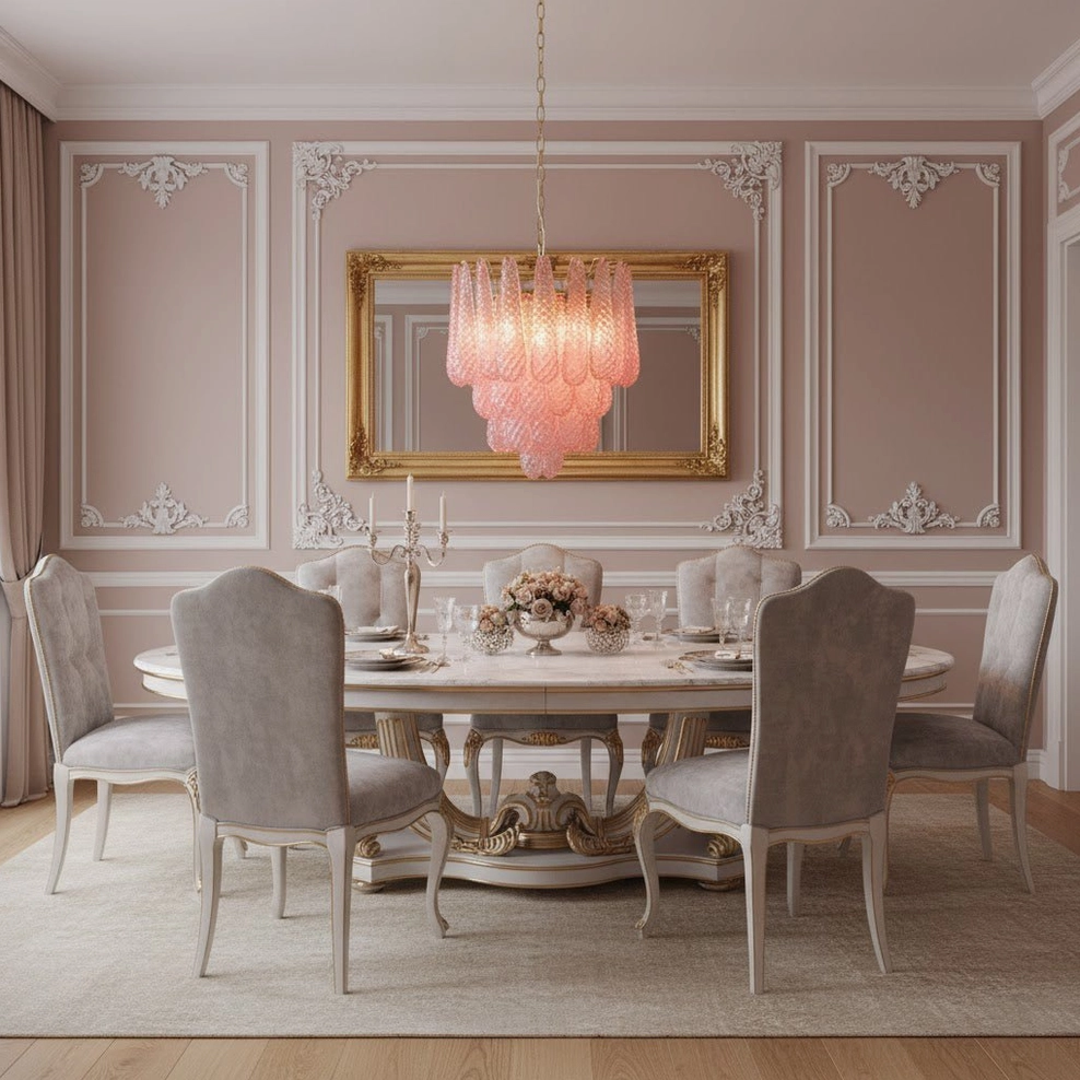 Pink tiered glass chandelier artistic overhead view displaying layers of textured glass