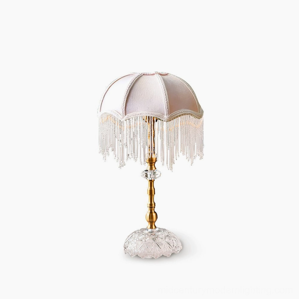 Pink and gold velvet fringe table lamp with crystal base - mid-century modern style