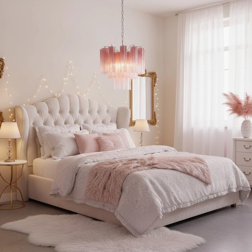 Pink Murano tube chandelier in romantic bedroom with tufted headboard, fairy lights and soft ambient lighting