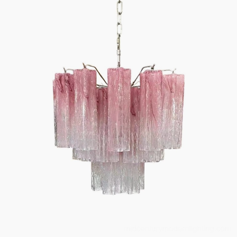 Pink Murano tube chandelier showing color gradient from light to darker pink tones in glass