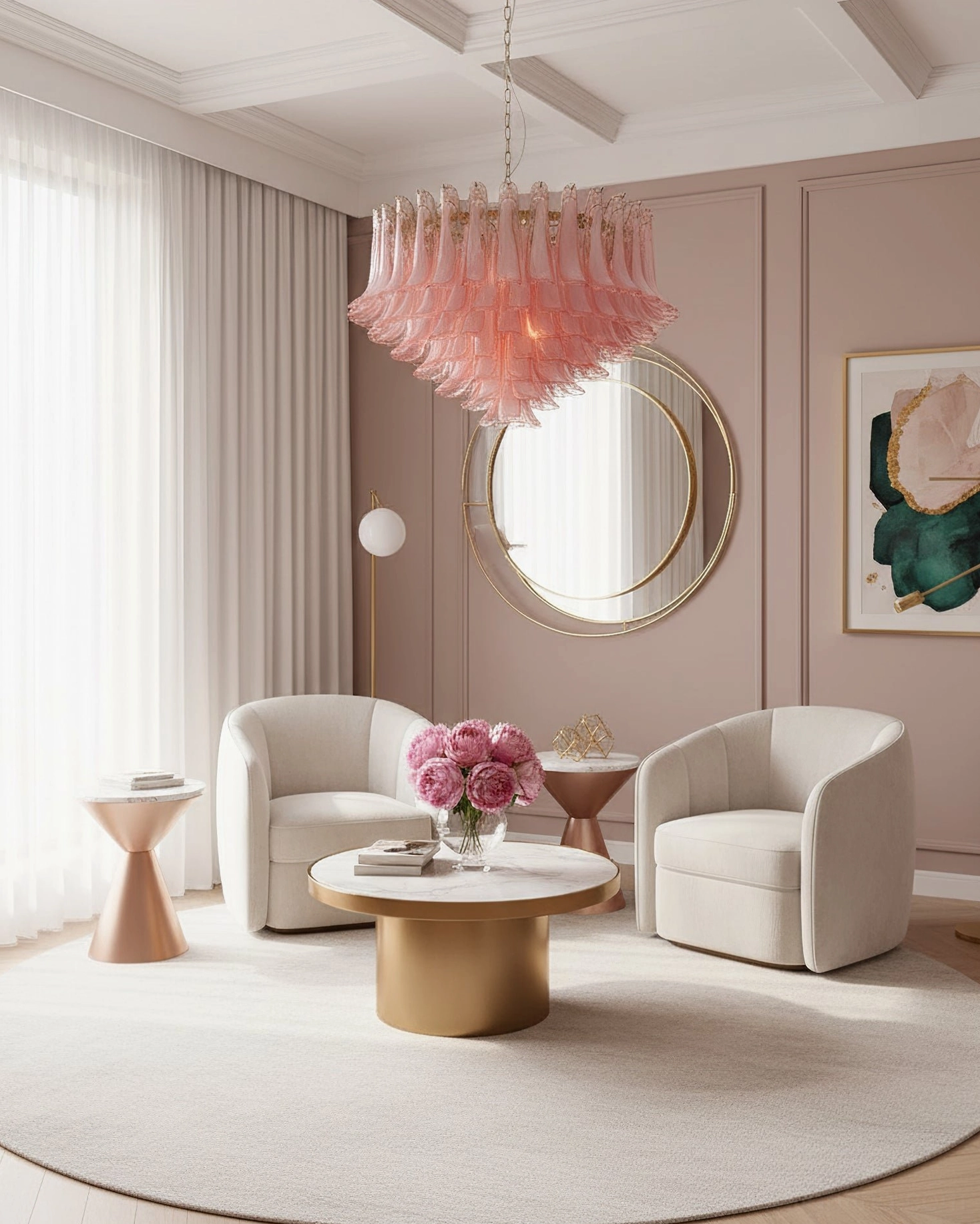 Pink Murano glass chandelier in contemporary living room with pastel pink walls curved seating and modern furnishings