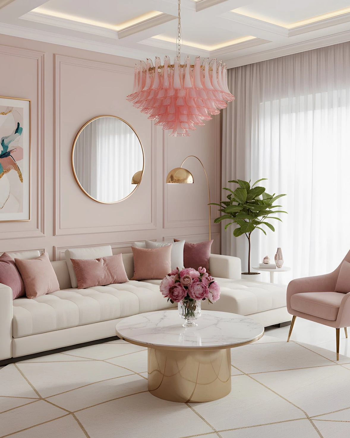 Pink Murano glass chandelier in elegant pastel living room with tufted sofa and ambient floor lamp creating warm interior design