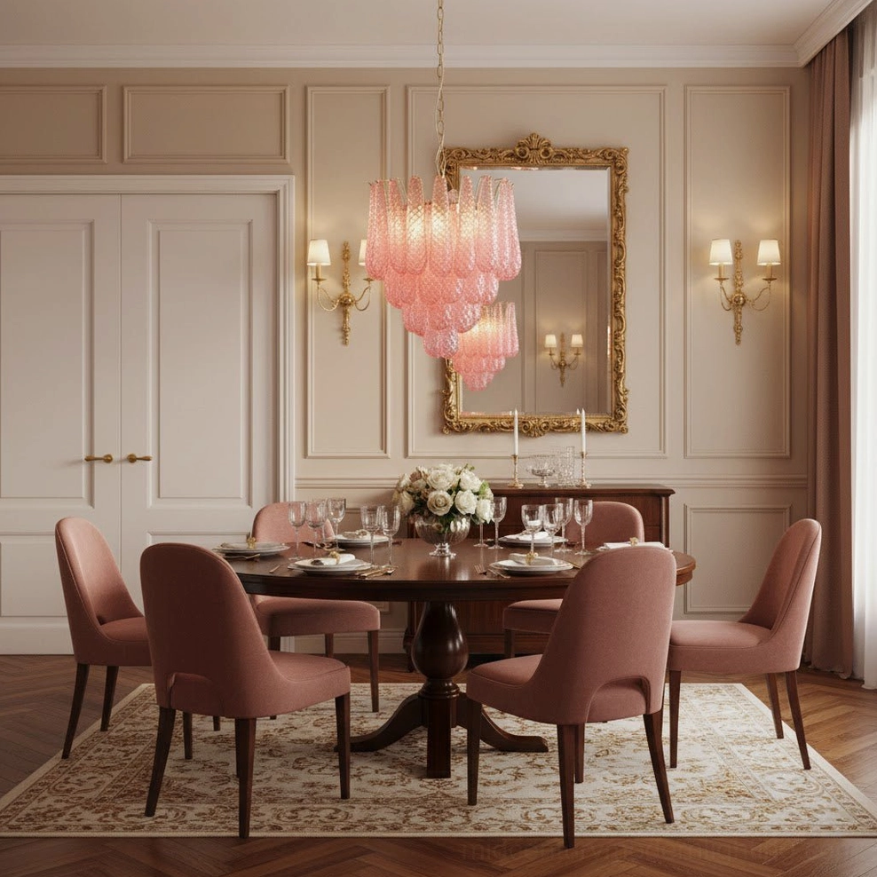 Romantic pink glass chandelier in formal dining room with gold wall mirror and sconces