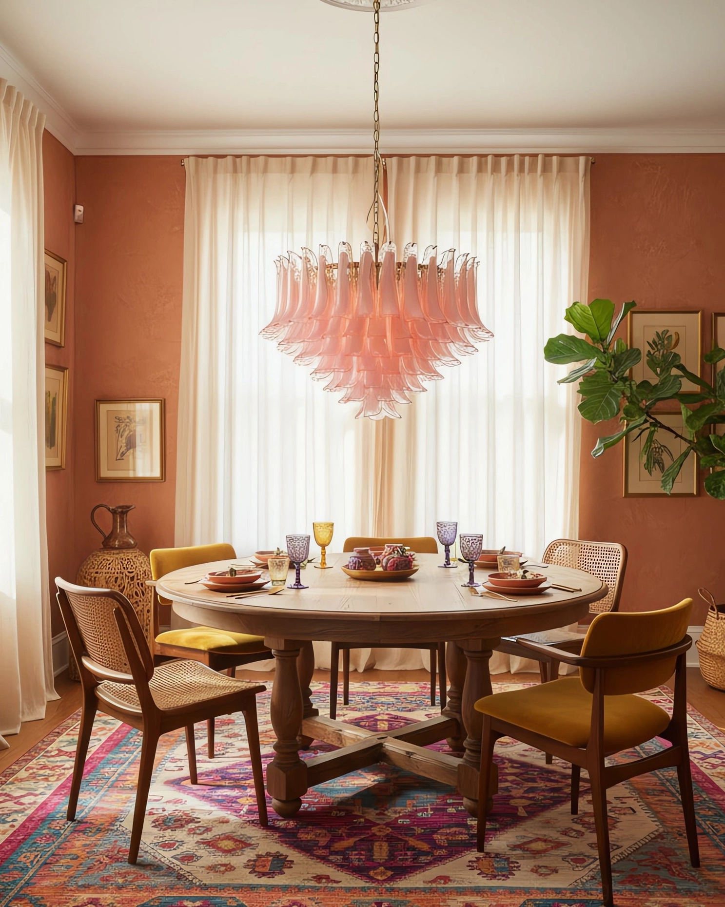 Pink Murano glass chandelier in formal dining space with terracotta tones vintage rug and wooden furniture showcasing versatile styling
