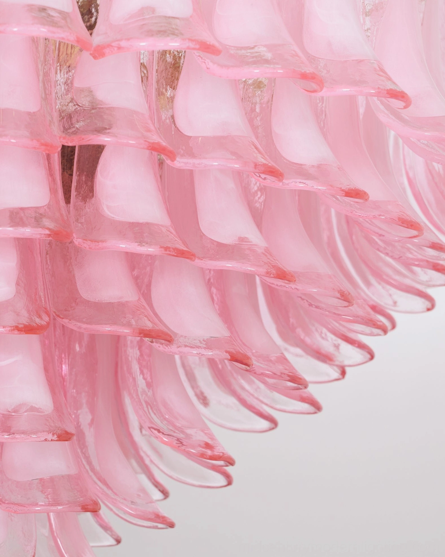 Pink Murano glass chandelier front view highlighting petal formation symmetry and warm glass coloration