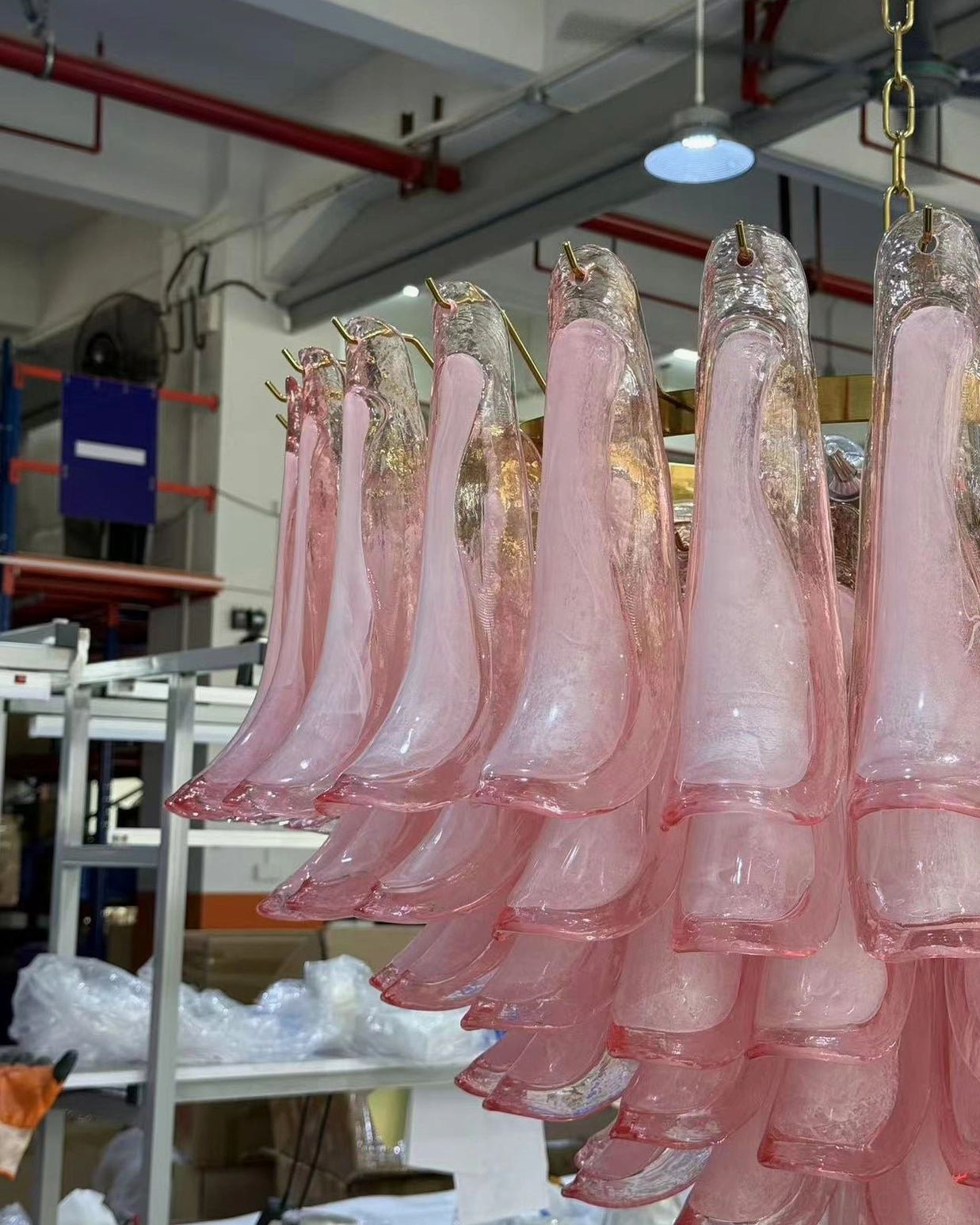 Pink Murano glass chandelier hand-blown artisan craftsmanship detail showing petal formation and glass quality