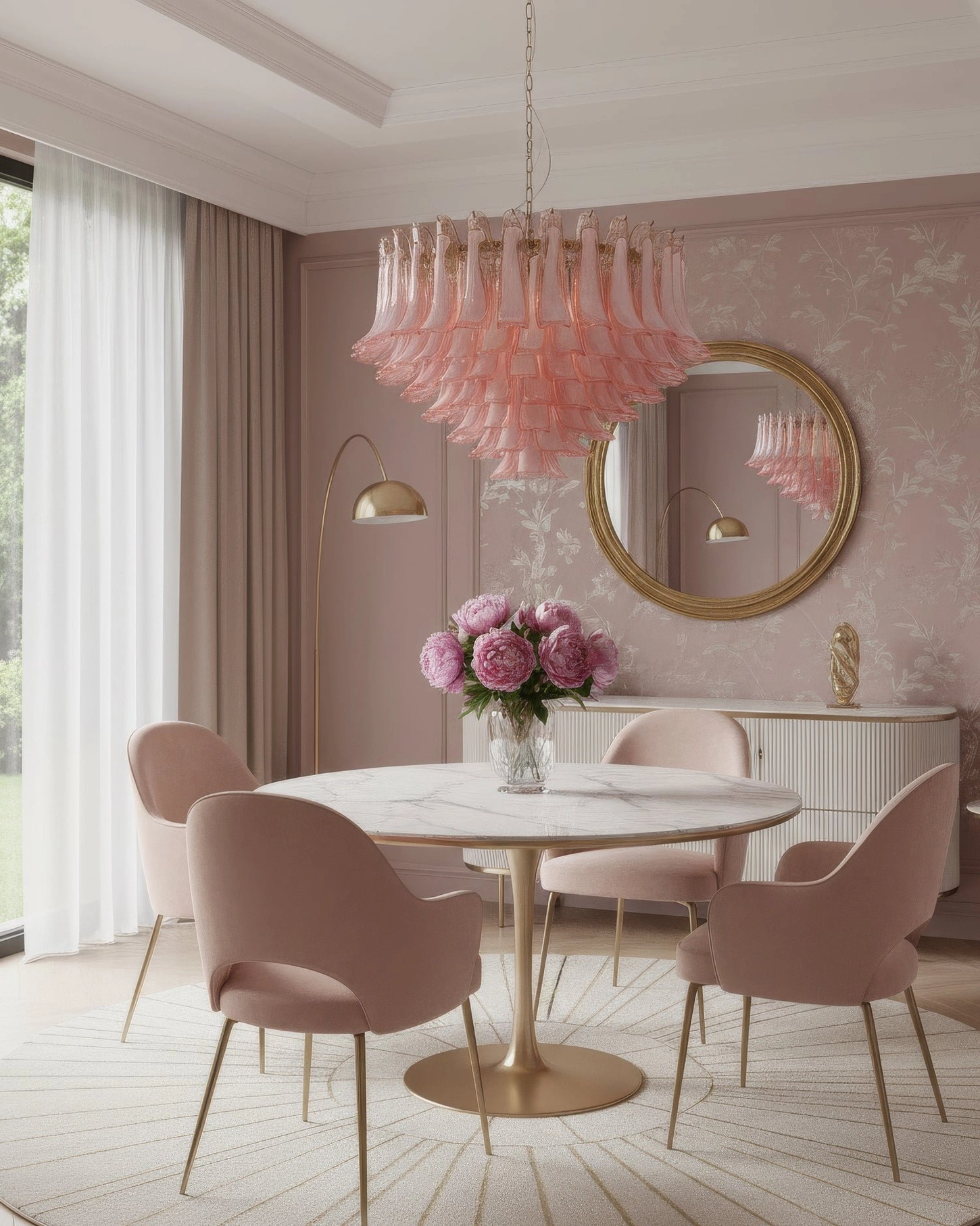 Pink Murano glass chandelier suspended in luxury dining room with pink decor and gold accents creating cohesive elegant atmosphere