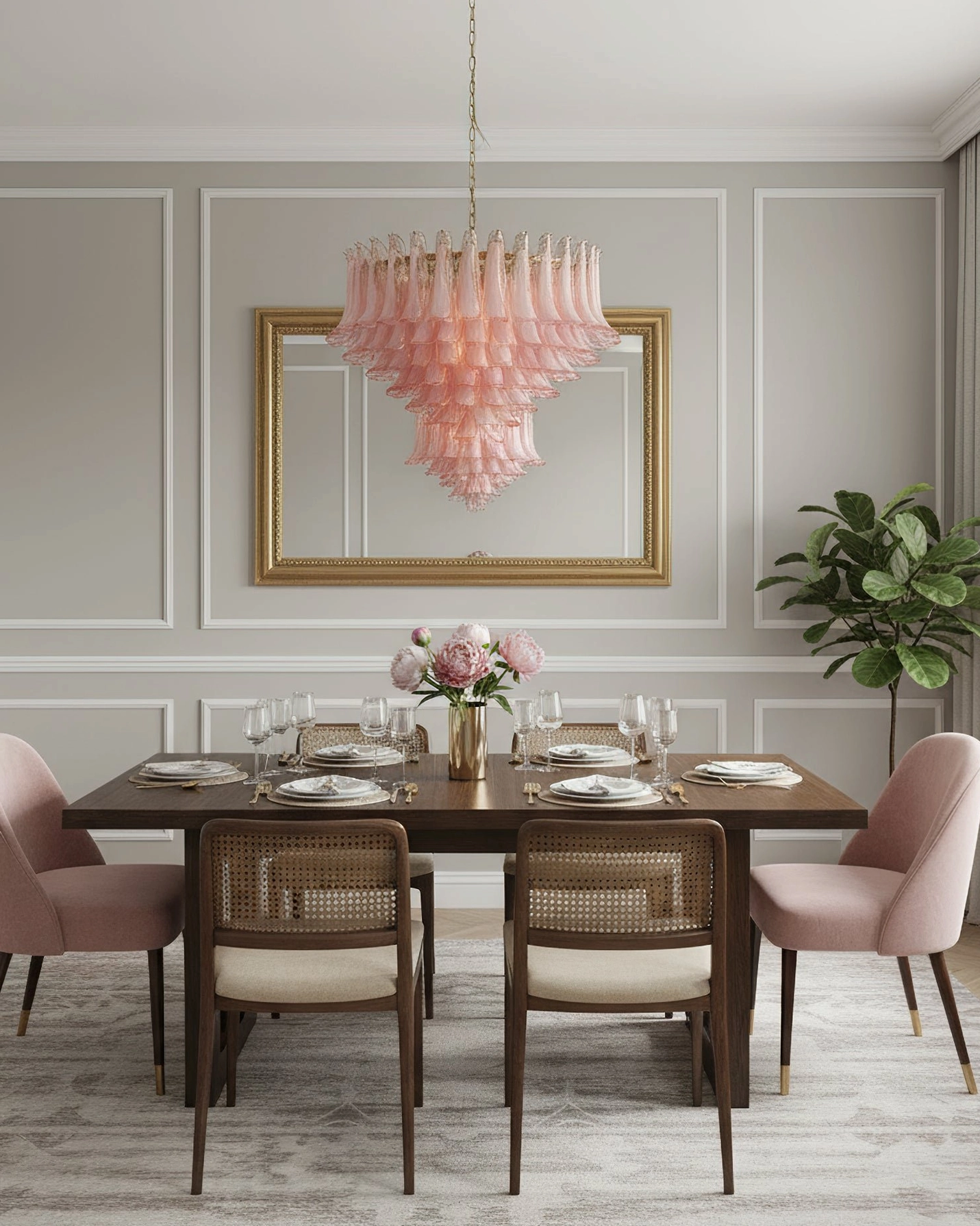 Pink Murano glass chandelier in neutral dining room with gold mirror and formal place settings demonstrating sophisticated ambiance
