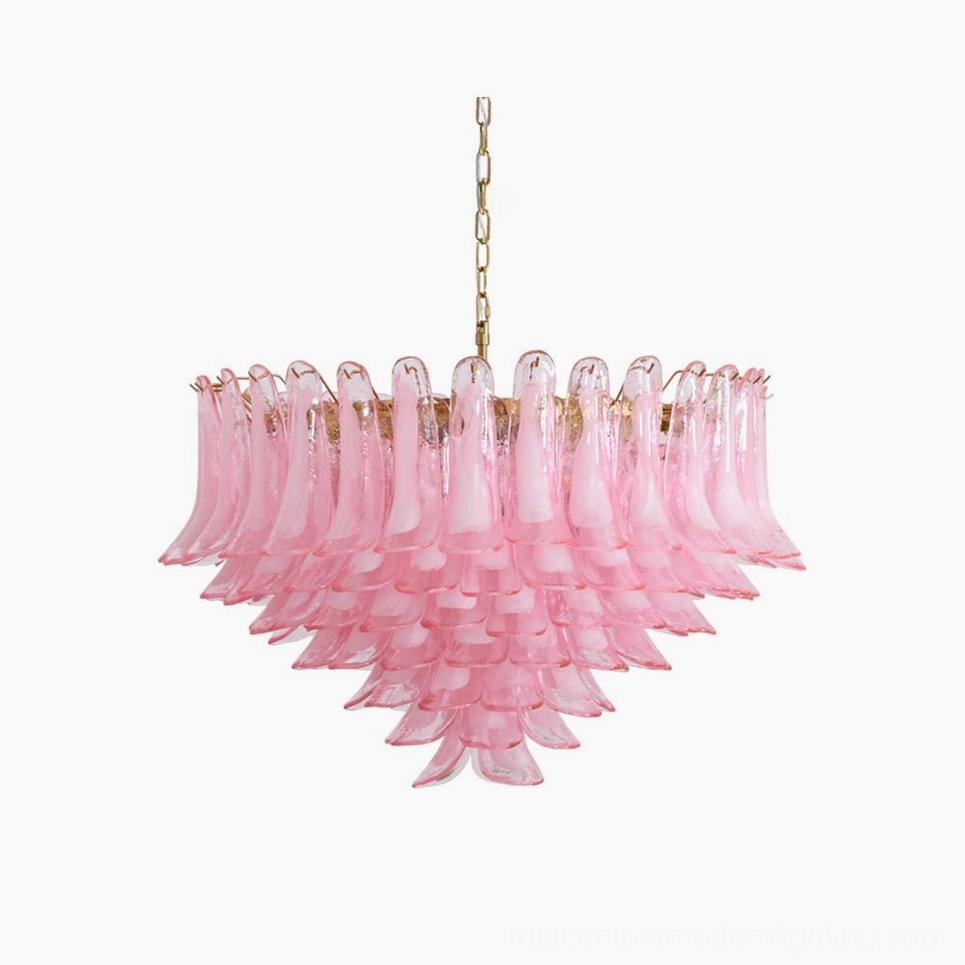 Pink petal Murano glass chandelier overhead perspective showing layered petal structure and suspension chain