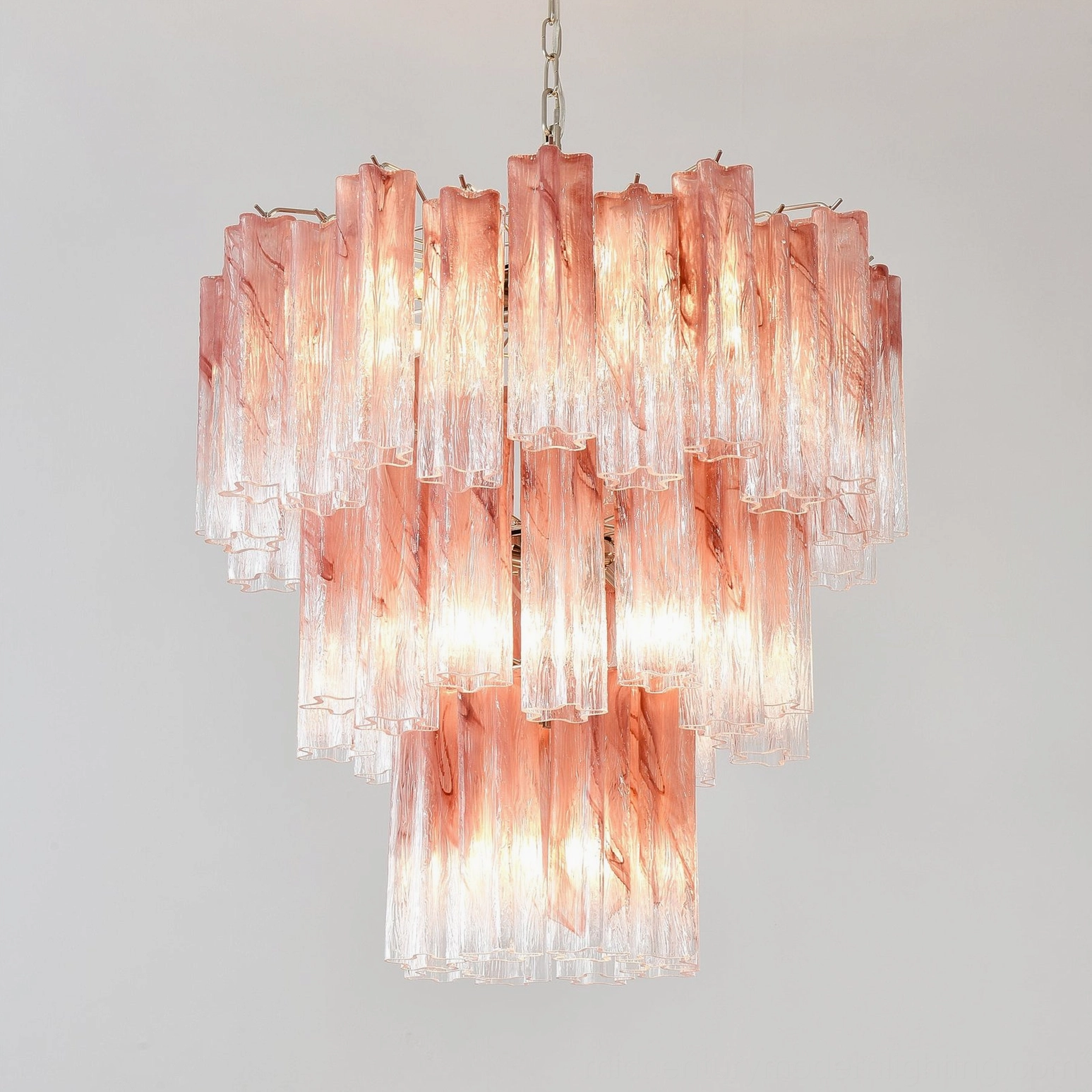 Side profile of pink Murano tube chandelier showing cascading glass tubes and tiered silhouette
