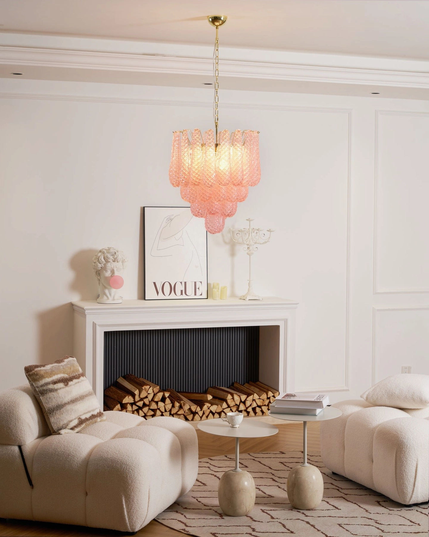 Pink Murano-style glass chandelier side view showing dimensional cascade and design elegance