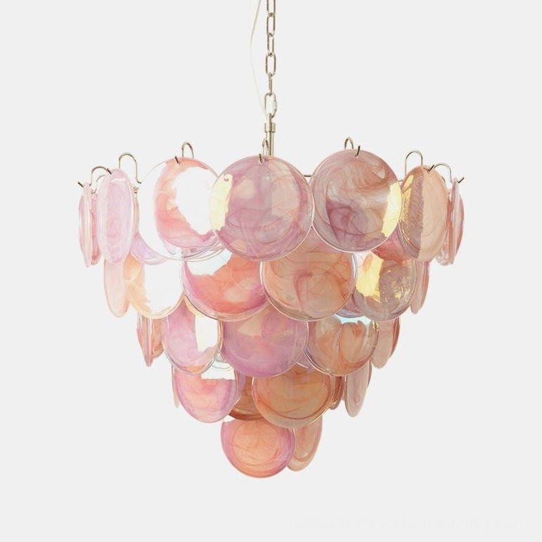 Pink Murano disc chandelier with romantic blush tone and cascading glass discs, modern home interior elegant lighting fixture