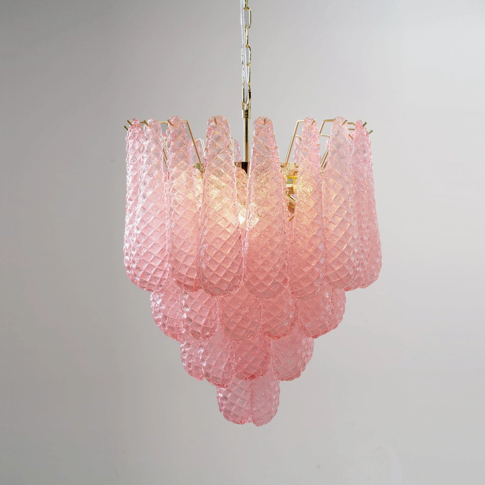 Pink tiered Murano glass chandelier full assembly showing complete structure and design