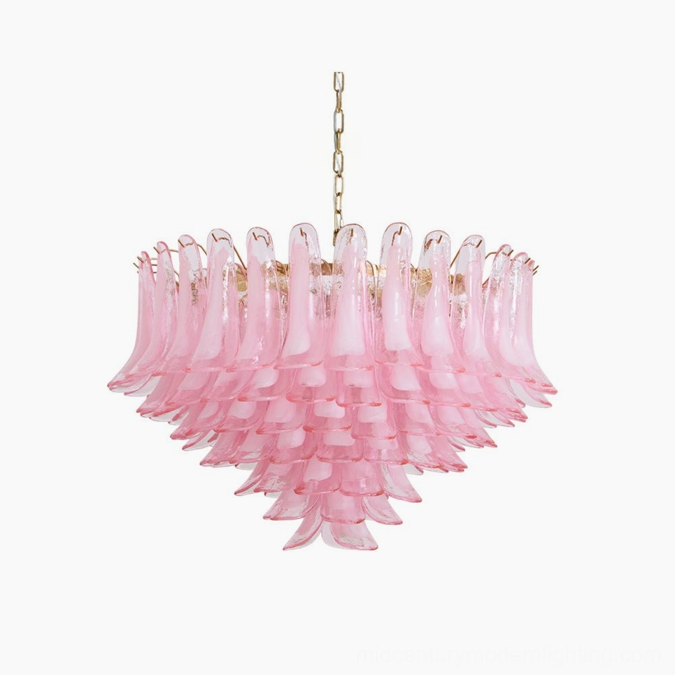 Pink petal Murano glass chandelier close-up detail shot showing hand-blown glass layered with gold frame and warm studio lighting