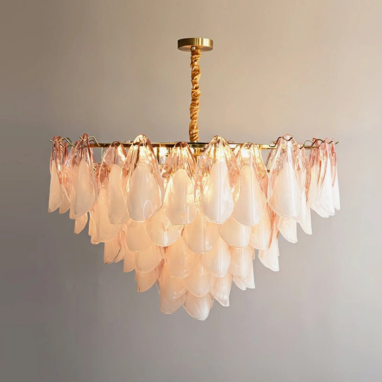 Pink to white ombre glass petals with twisted brass hanging rod on foliage chandelier