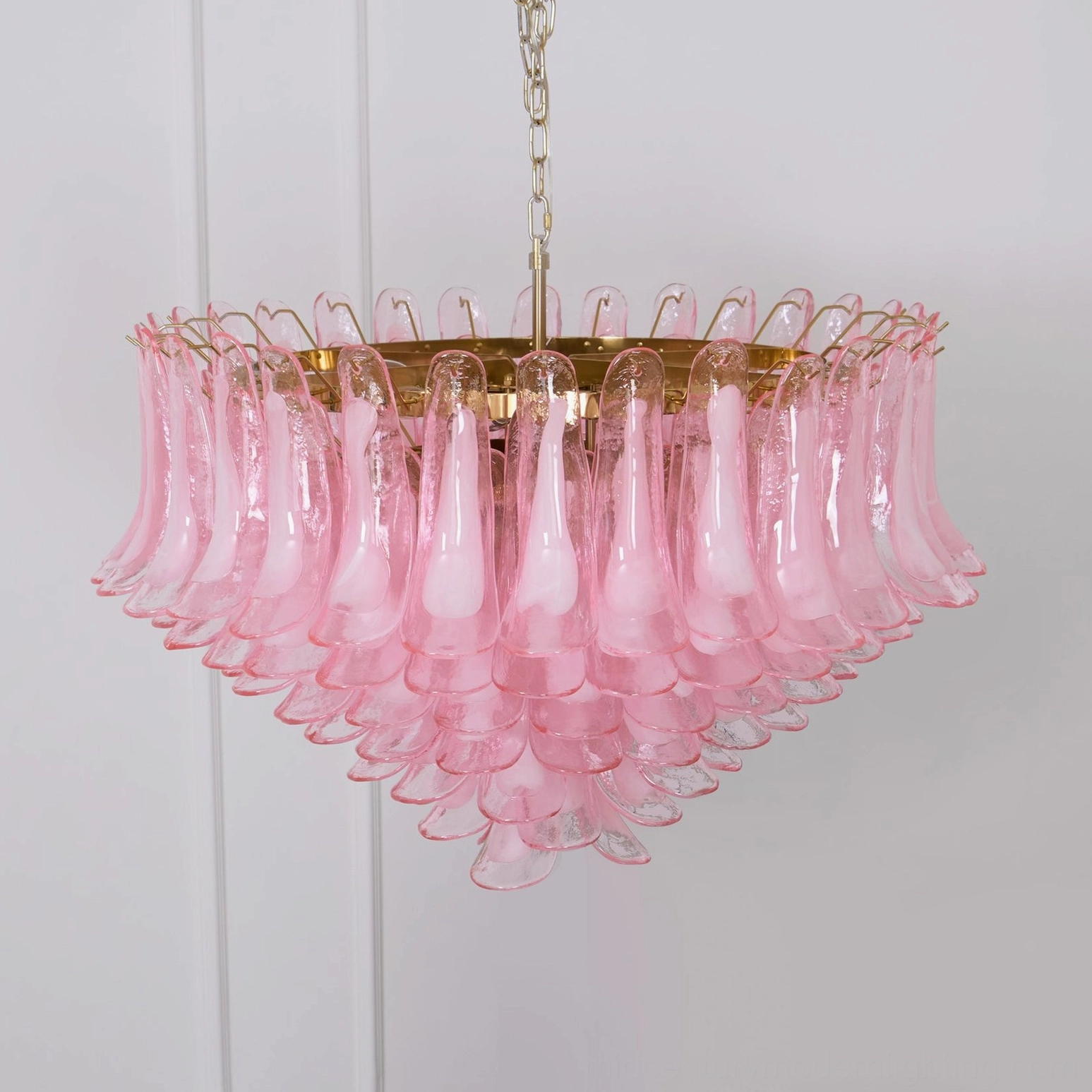 Pink petal Murano glass chandelier 95cm diameter showing full silhouette and scale with 16-light configuration