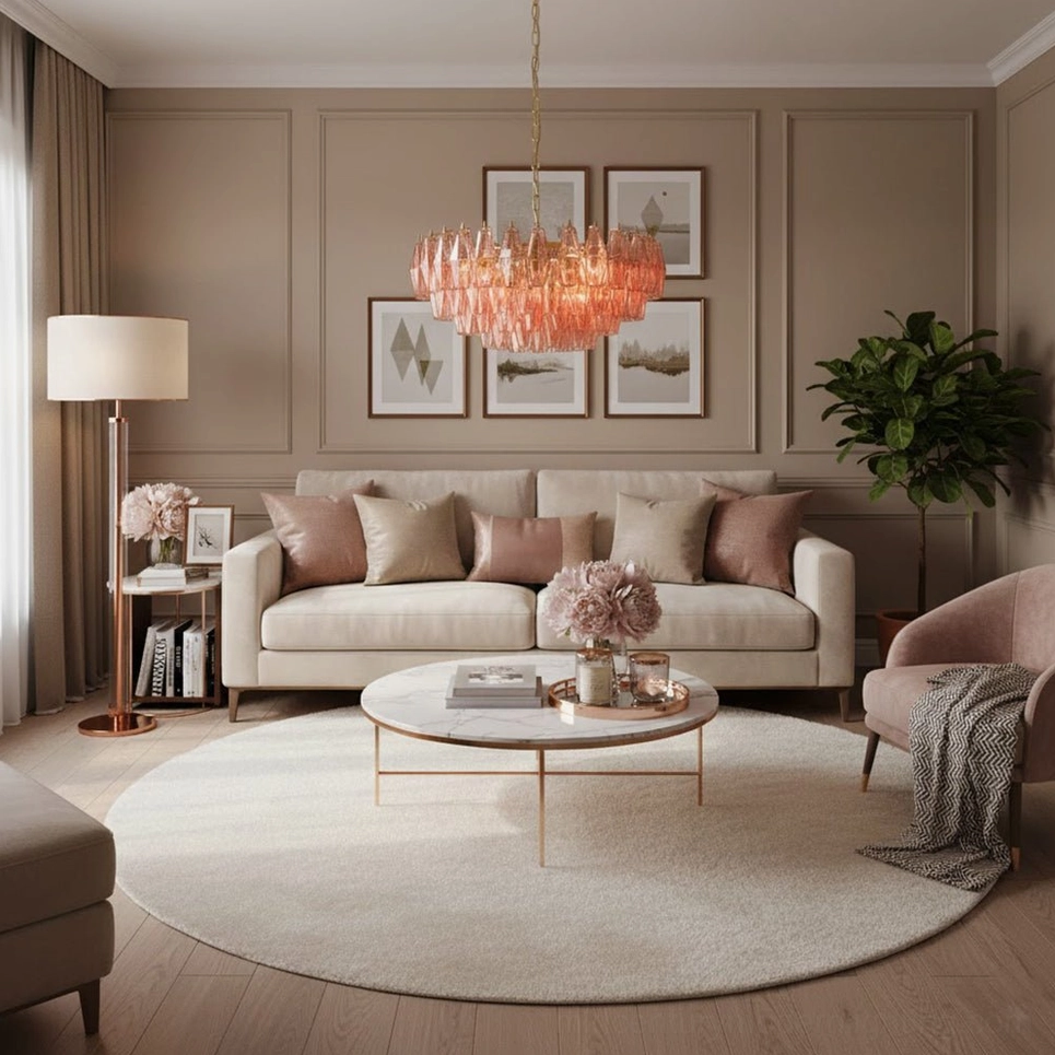 Glowing pink polygon glass chandelier in contemporary luxury living room with neutral decor and round area rug