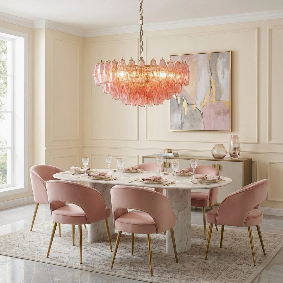 Pink polygon chandelier suspended above formal dining table with pink velvet chairs and round table in neutral dining room