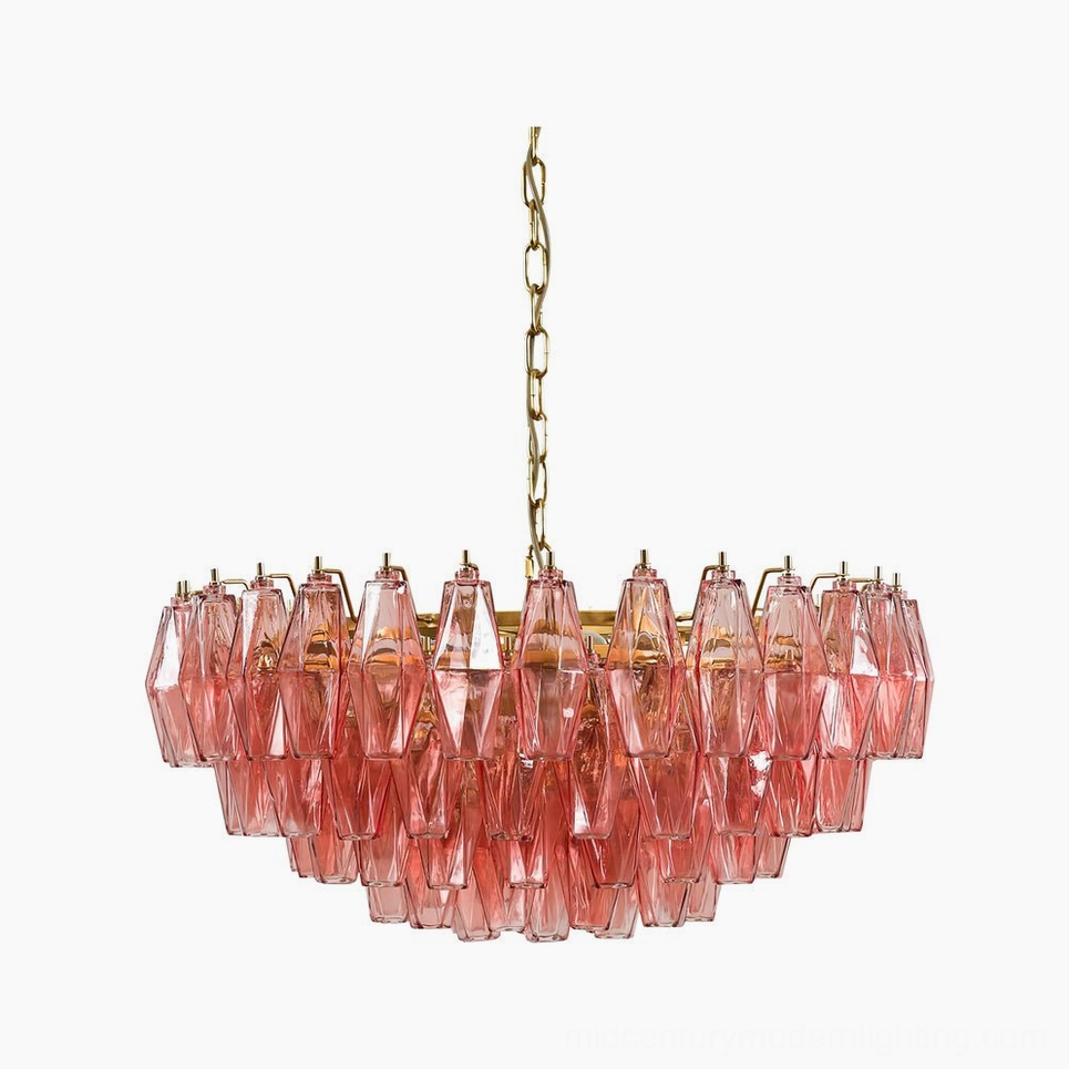 Pink polygon faceted glass chandelier with gold metal suspension chain and layered glass prism design, front studio view