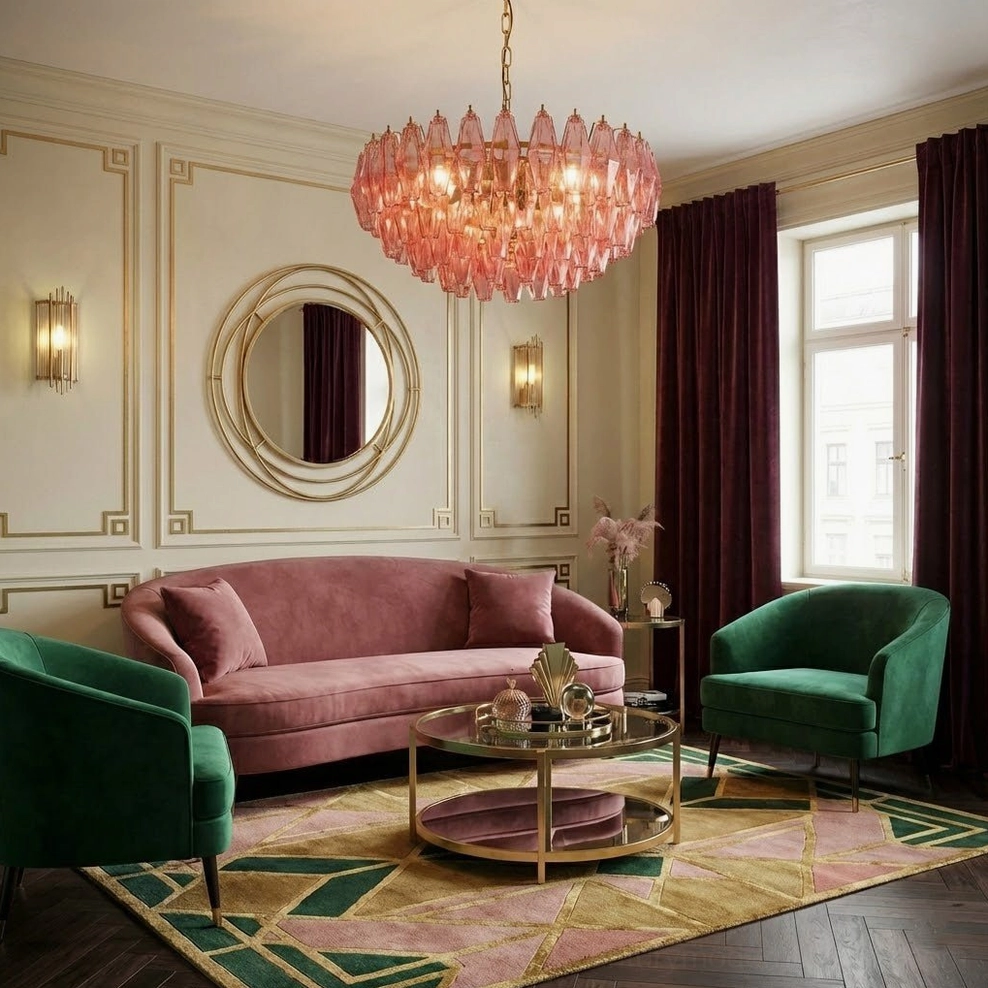 Pink polygon glass chandelier in vintage luxury living room with pink velvet sofa and green velvet armchairs