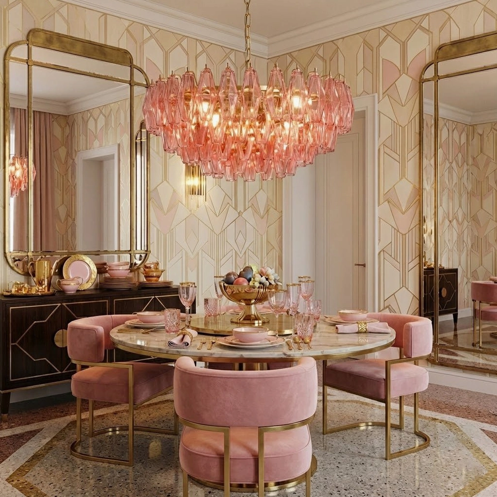 Illuminated pink polygon chandelier above luxury dining set with gold-framed mirrors and pink upholstered chairs