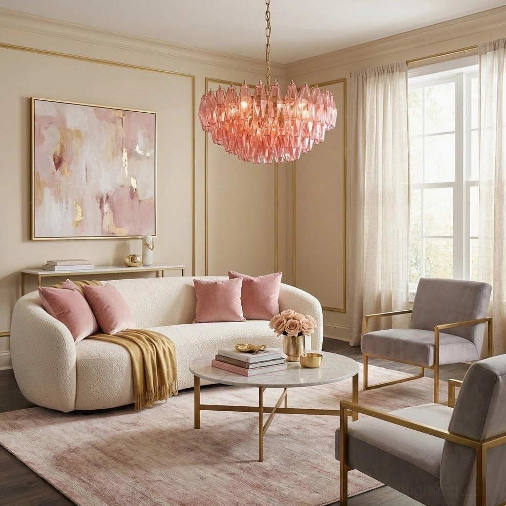 Pink polygon chandelier in modern cozy living room with beige fabric sofa, coffee table, and wall artwork