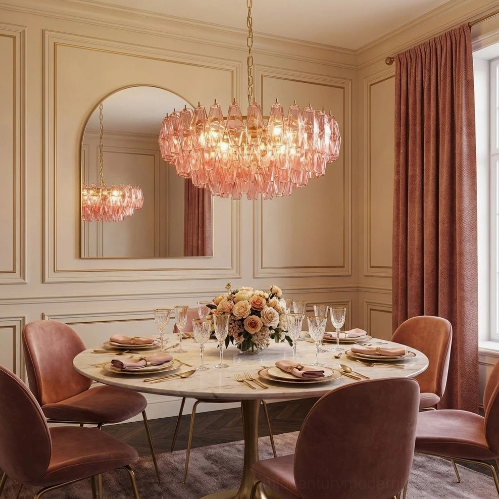 Pink polygon murano-style glass chandelier showcasing hand-shaped prisms and warm light diffusion