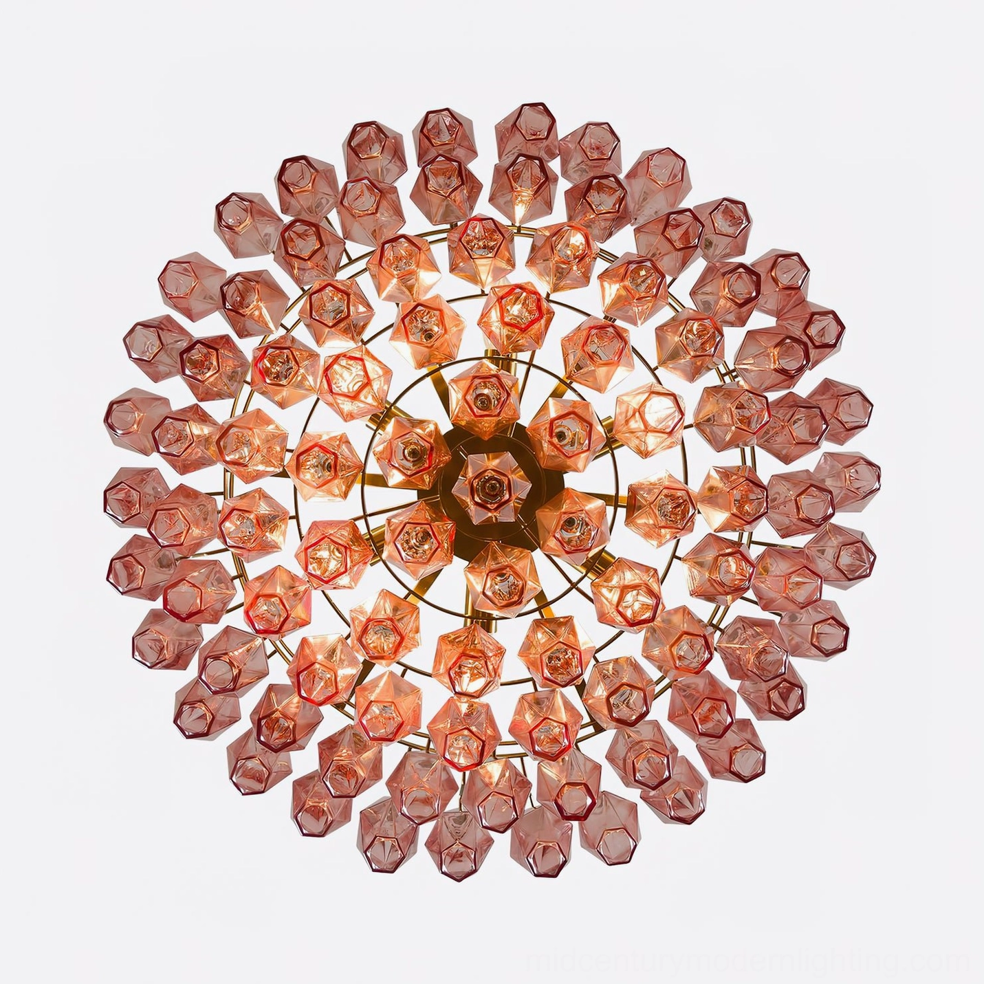 Pink polygon murano-inspired chandelier with layered glass design and warm ambient light performance