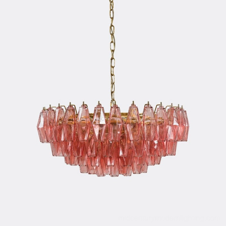 Pink polygon glass chandelier with gold-toned metal accents and hand-shaped venetian glass craftsmanship