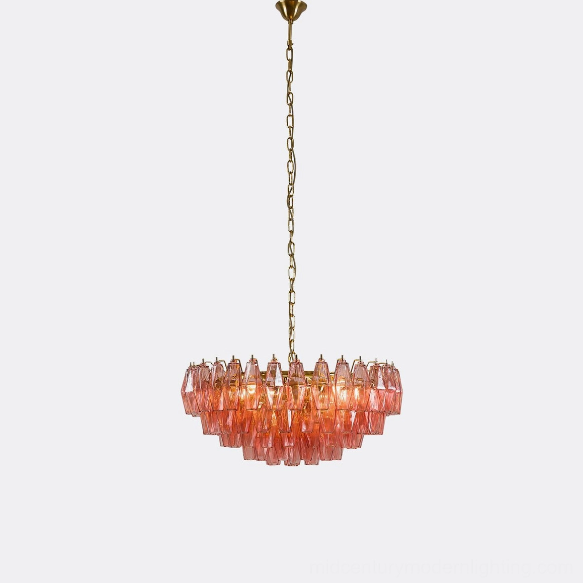 Pink polygon drop chandelier complete view showing full 27.6 inch diameter and 14.6 inch height proportions