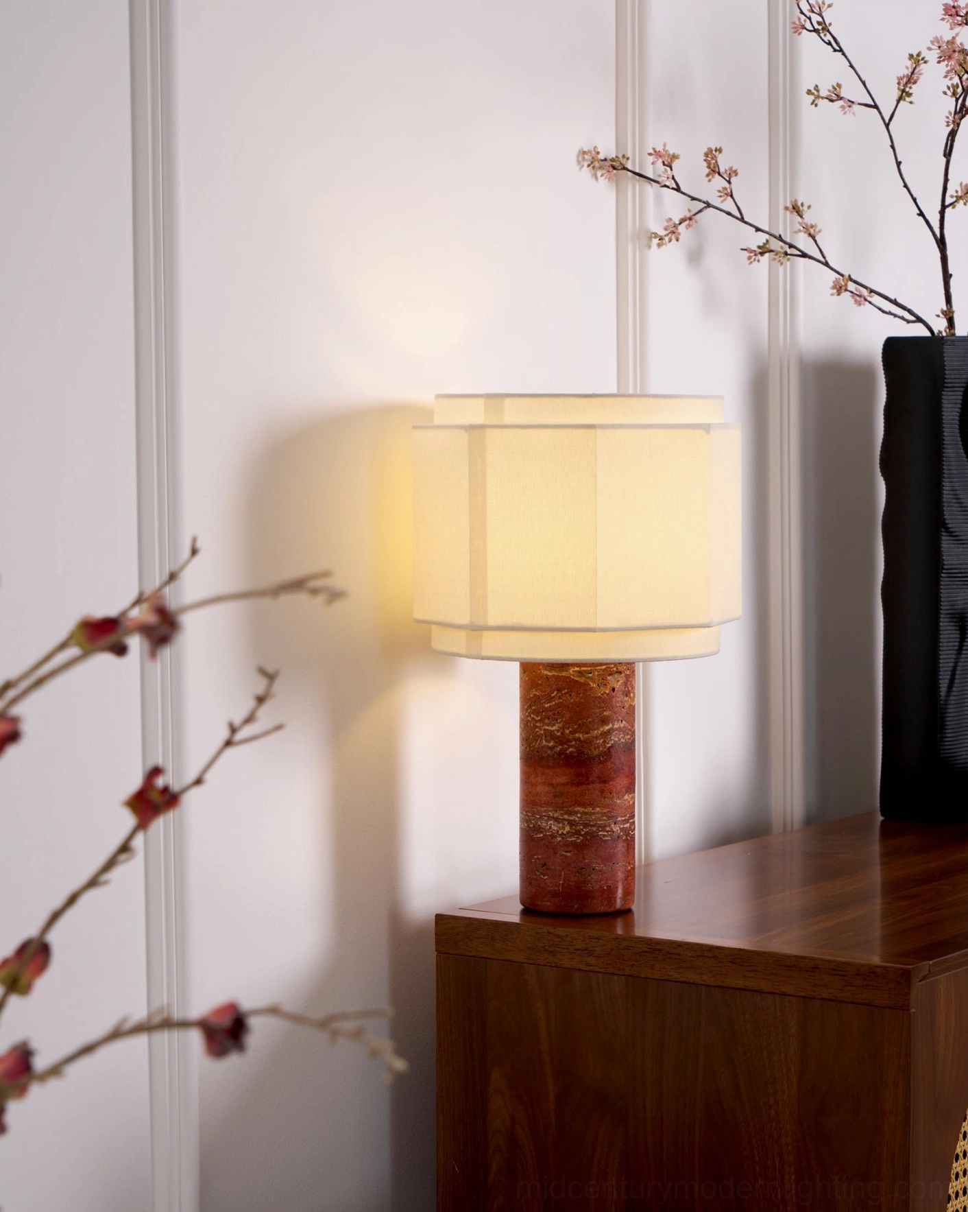 Pipito geometric fabric shade lamp detail showing octagonal design and warm light diffusion