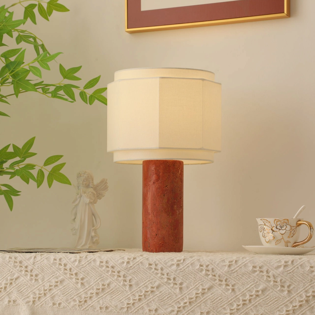 Pipito red travertine modern table lamp available in multiple regional plug configurations