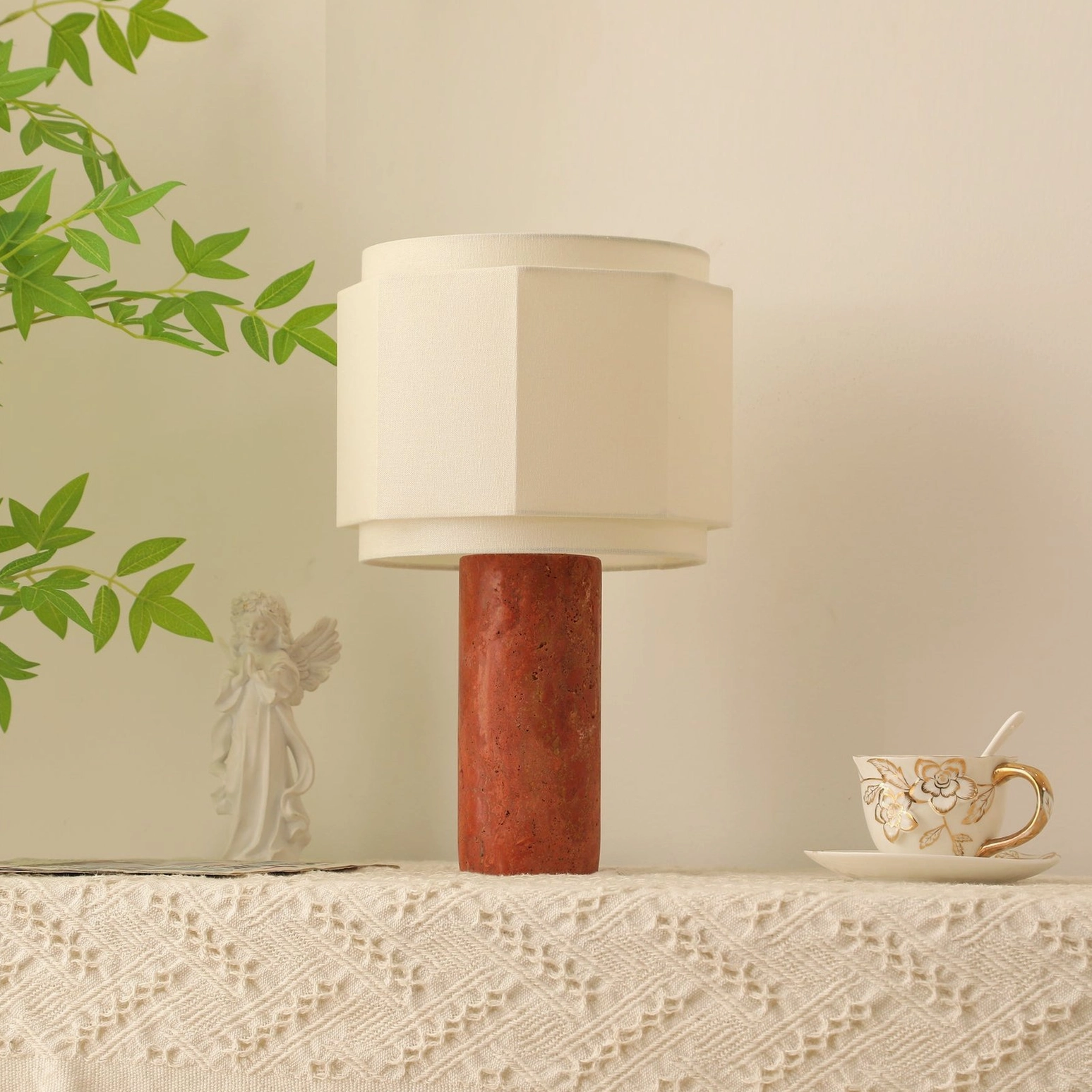 Pipito octagonal fabric shade table lamp detail showing geometric design and material craftsmanship