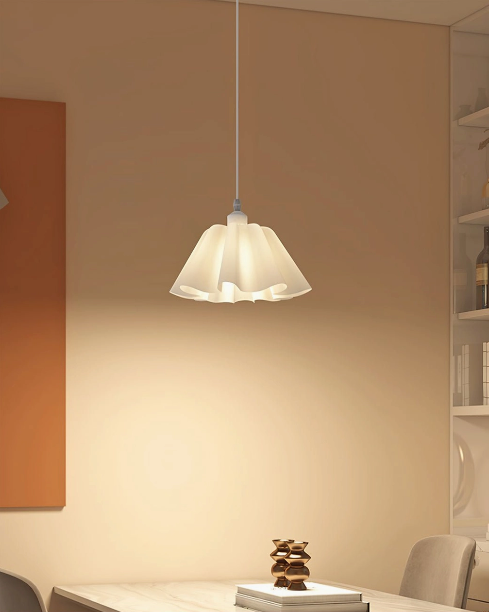 Sculptural pleated pendant lamp architectural silhouette with metal frame and white PVC shade