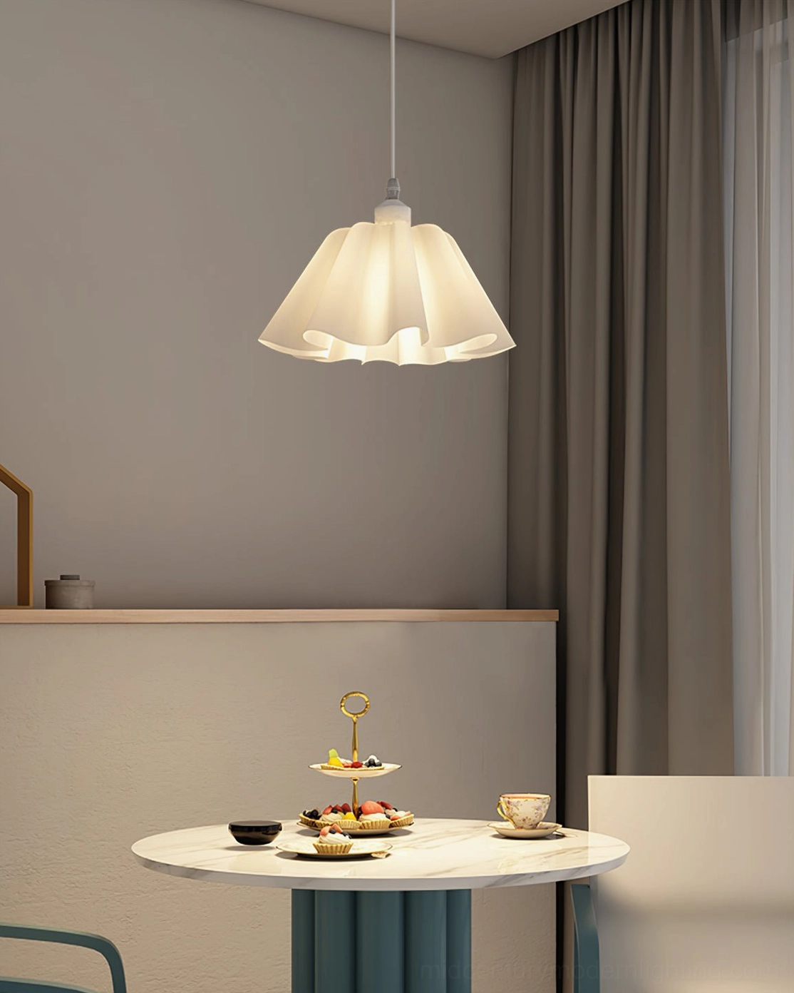 Pleated pendant lamp above home bar counter creating modern neutral minimalist lounge ambiance