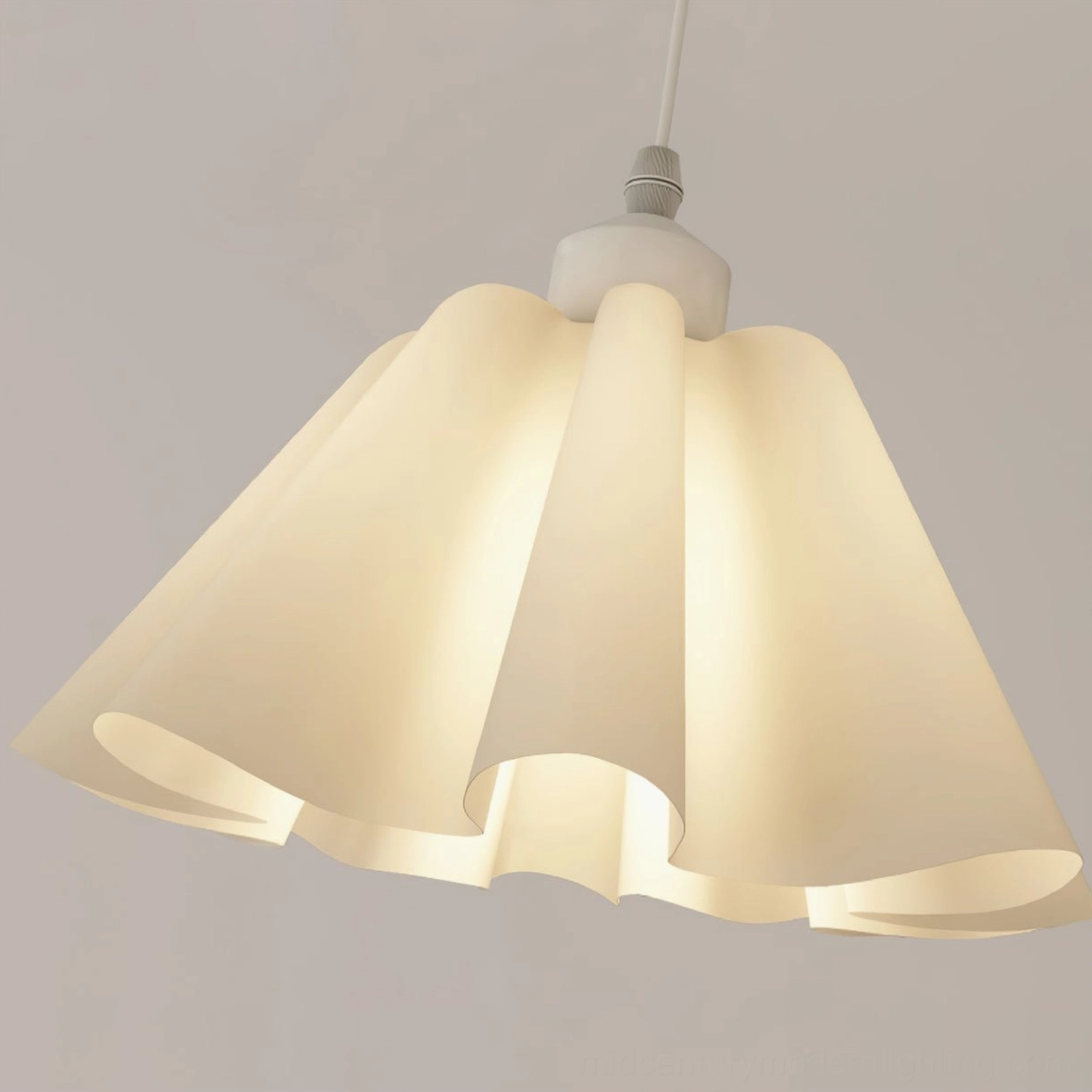 Pleated pendant lamp hanging installation showing cord length and ceiling mount compatibility
