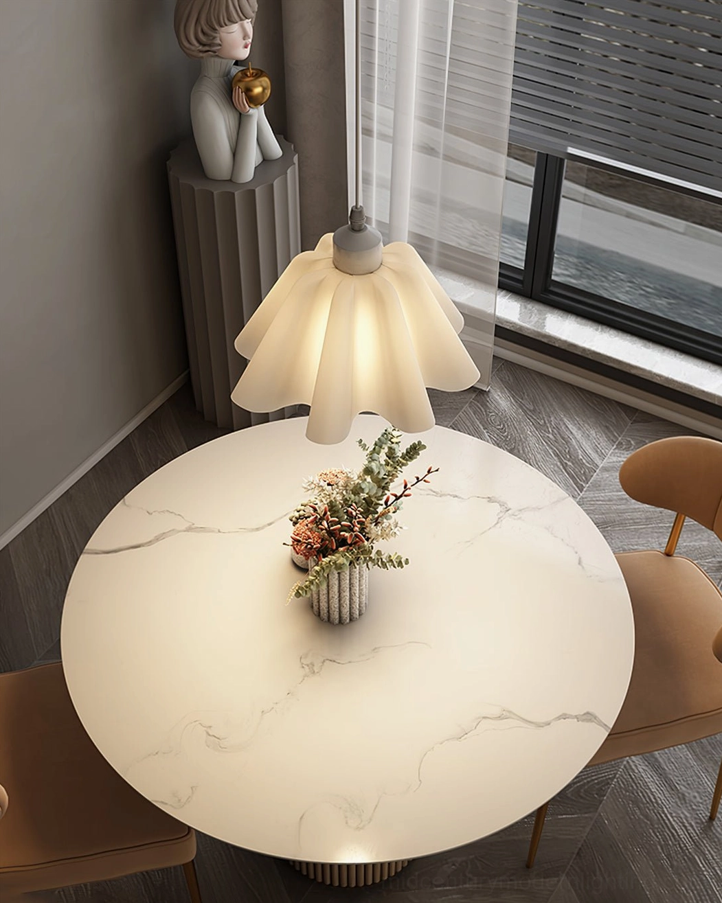 Overhead view of pleated pendant light shade showing engineered vertical pleat construction and diffusion design