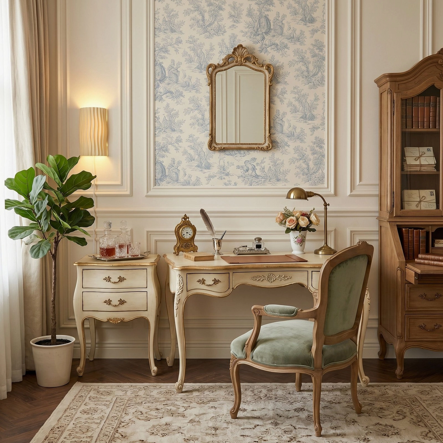 Plug-in wall sconce mounted in French provincial home office with floral wallpaper, wooden desk, and vintage accessories