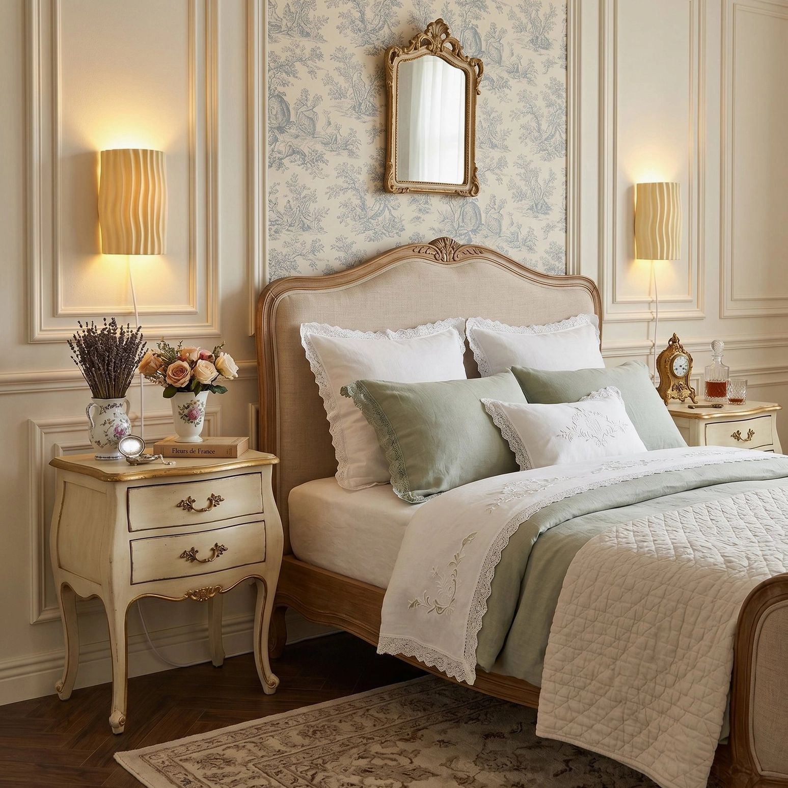 Pair of beige pleated resin sconces in French country style bedroom with ornate antique furniture and romantic decor