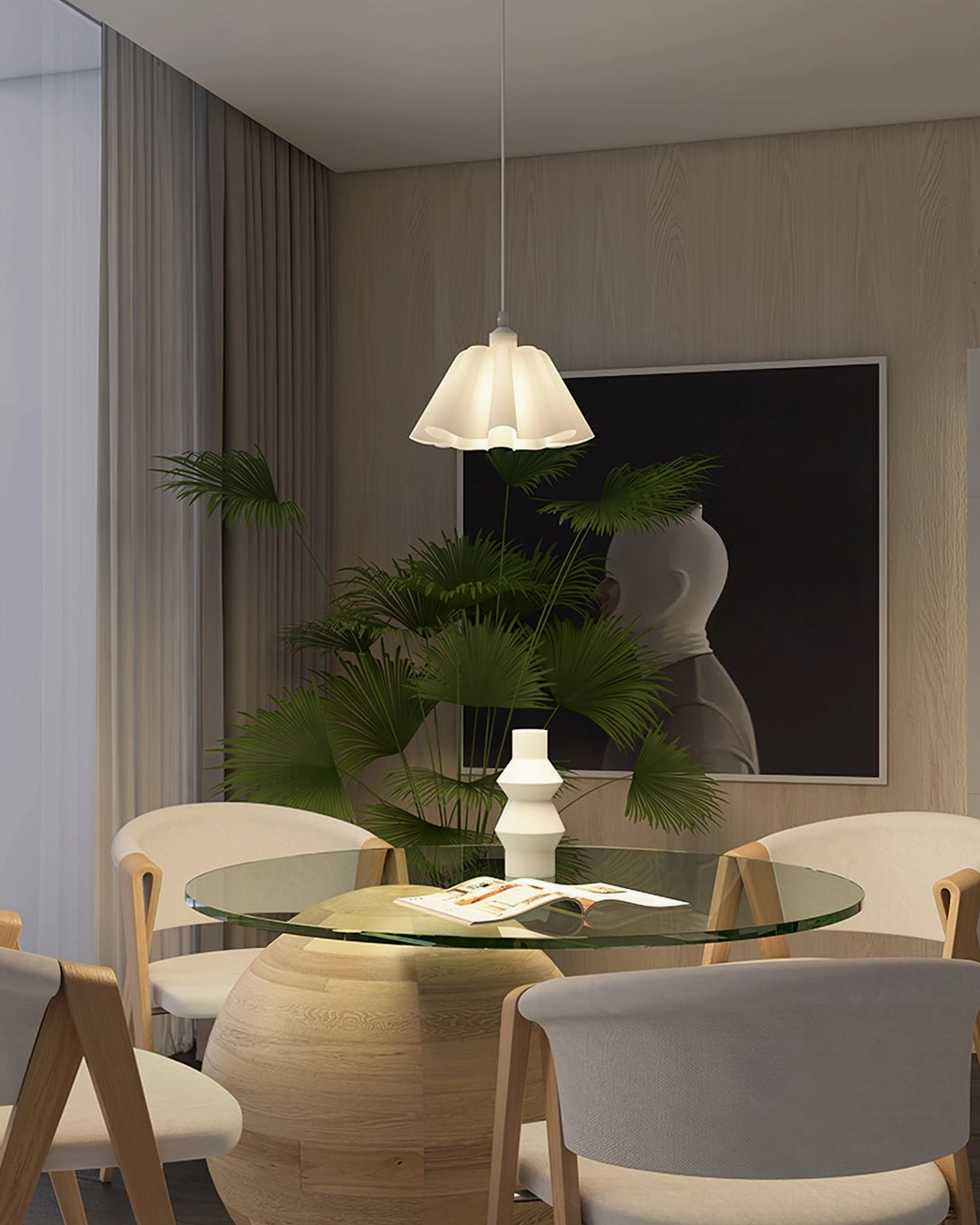 Close-up detail of white pleated fabric shade texture showcasing nordic modern pendant lamp craftsmanship
