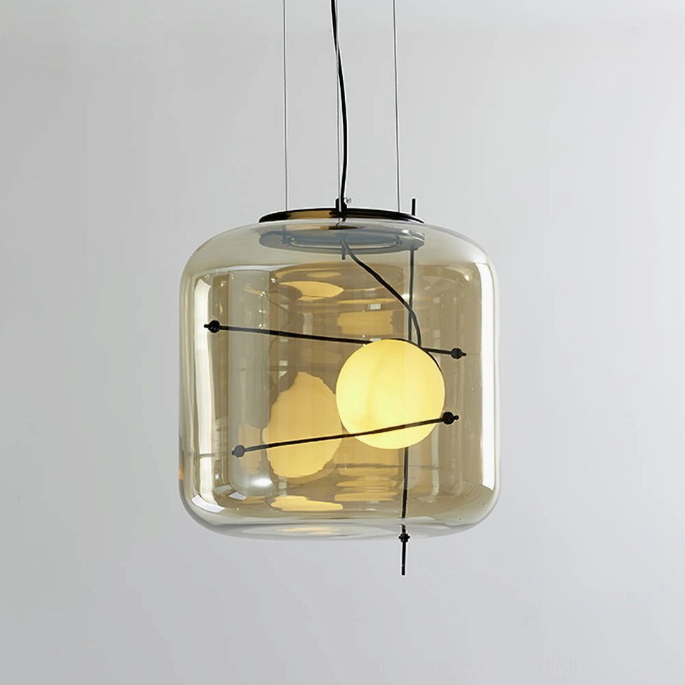 Plot amber glass pendant lamp in standard size providing warm ambient lighting for dining