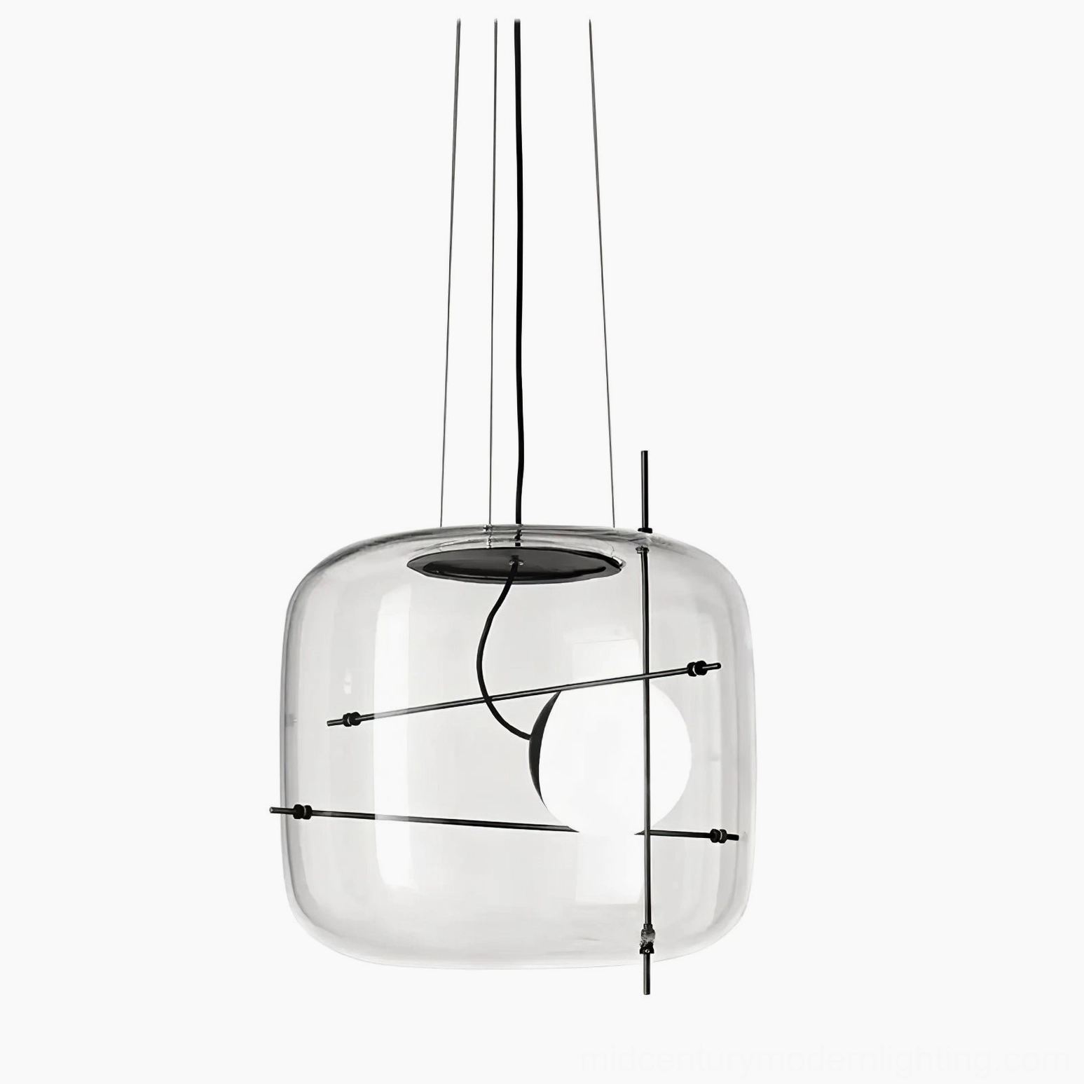 Plot pendant lamp featuring black metal suspension and hand-selected glass components
